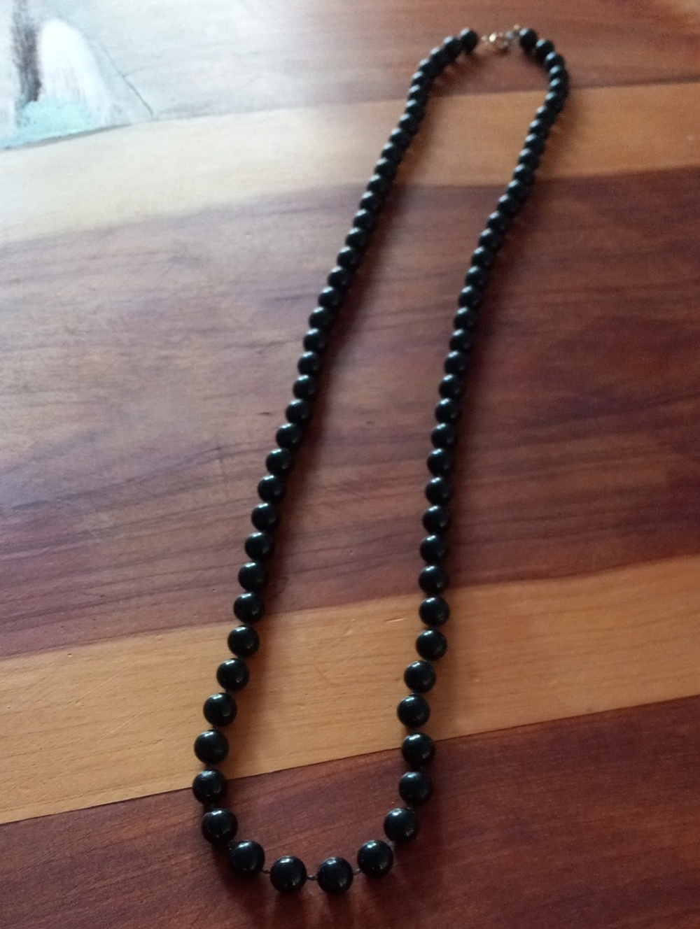 Vintage Glossy Black Acrylic Bead Strand Necklace Gold Clasp